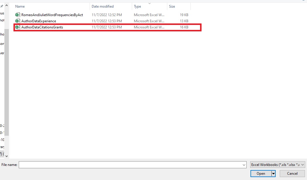 AuthorDataCitationsGrants.xls is outlined with a red box