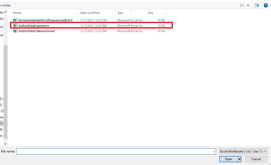 AuthorDataExperience.xls outlined with a red box