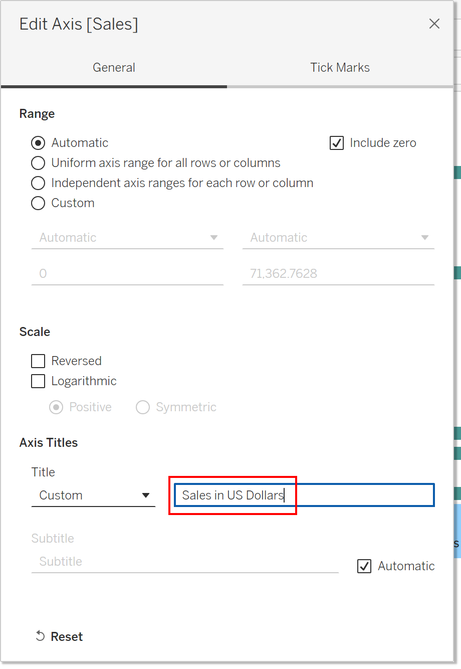 The Sales in US Dollars Custom Axis Title at the bottom is outlined with a red box in the Edit Axis [Sales] pop-up window
