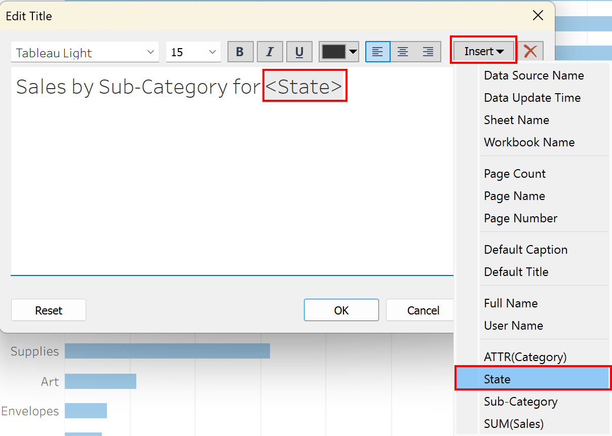 The Insert drop-down menu at the top right and State near the bottom of the drop-down options are outlined with a red box
