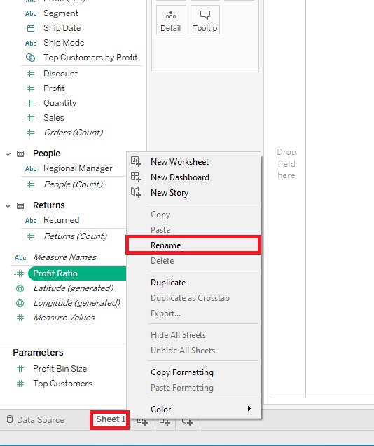 Sheet 1 at the bottom left and Rename from the pop-up menu are outlined with a red box
