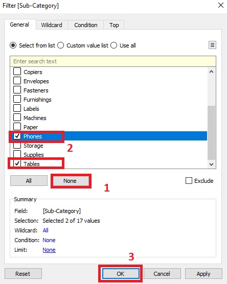 Phones and Tables are checked off and outlined with red boxes. The None and OK buttons are outlined with red boxes