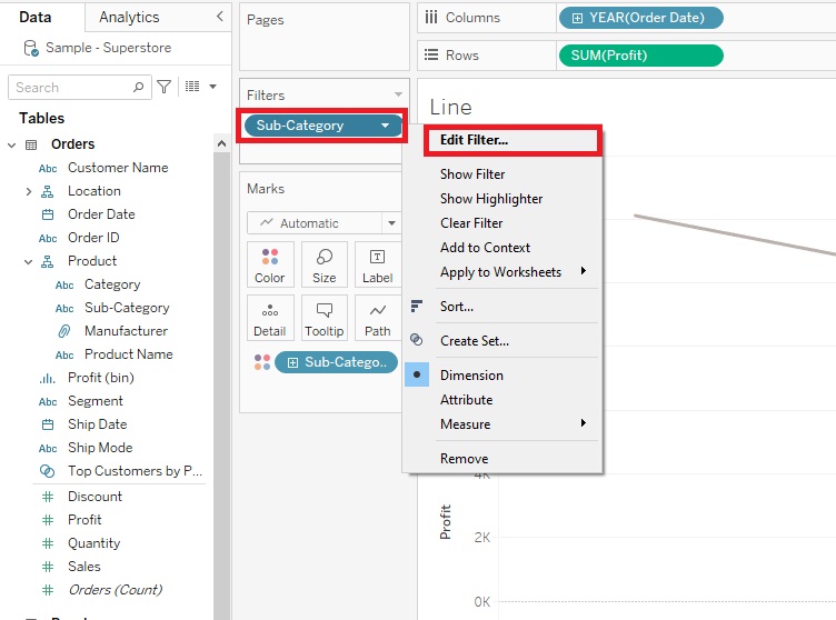 The Sub-Category drop-down under Filters is outlined with a red box. Edit Filter... from the Sub-Category menu is outlined with a red box