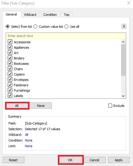 All and OK buttons are outlined with a red box