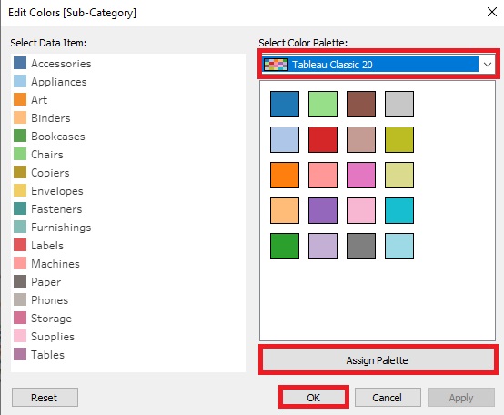 Tableau Classic 20, Assign Palette, and OK button are outlined with red boxes