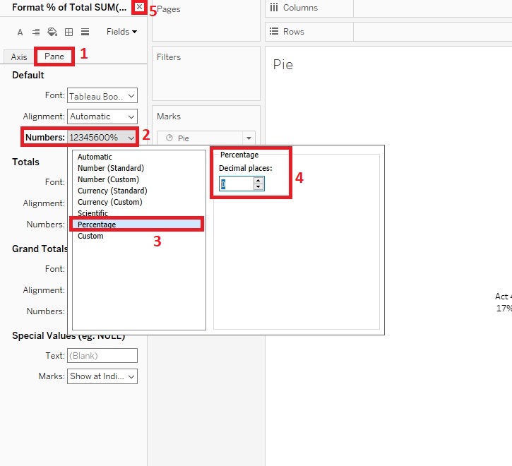 Pane, Numbers, Percentage, and Decimal places are outlined with red boxes