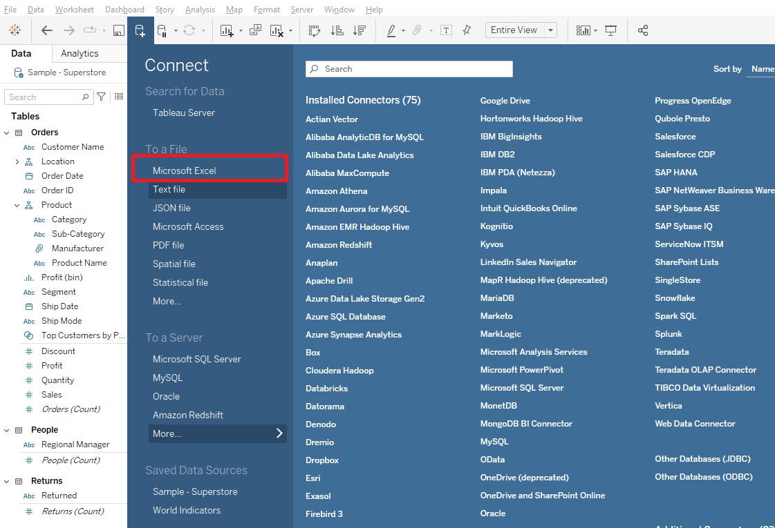 Microsoft Excel outlined with a red box in the Connect menu