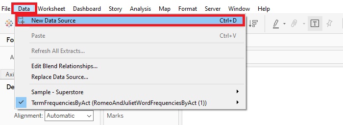Data and New Data Source are outlined with red boxes at the top left