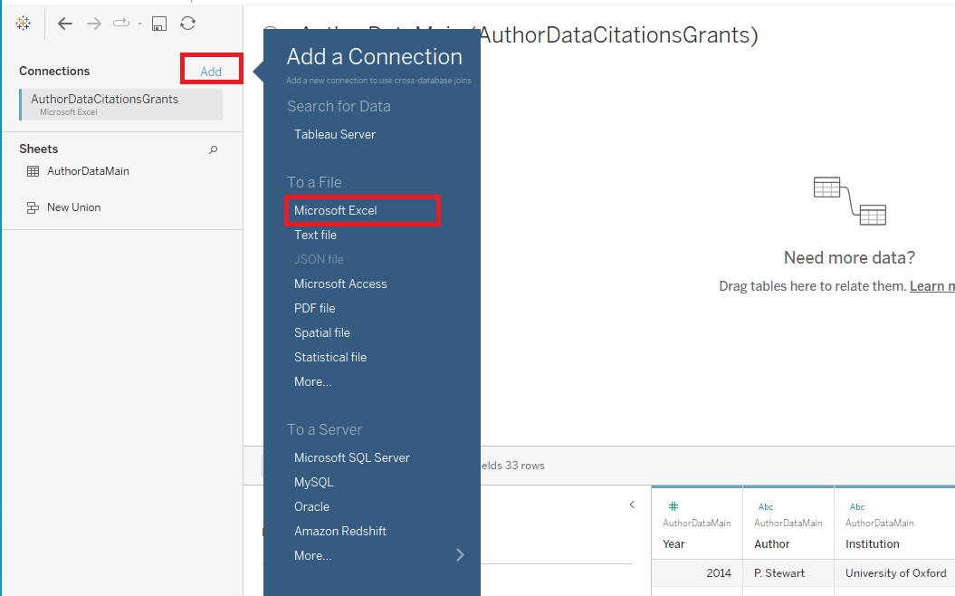 Add and Microsoft Excel are outlined with red boxes
