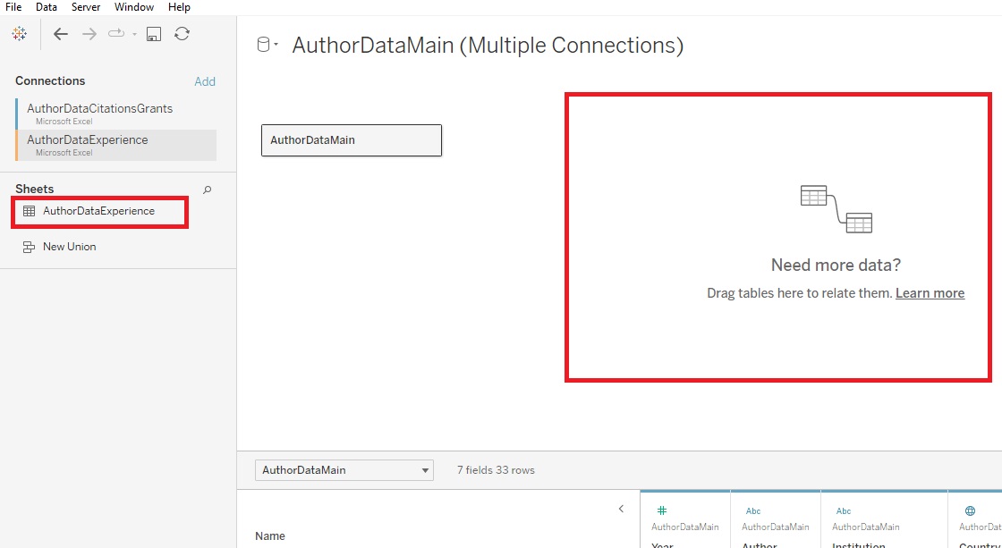 AuthorDataExperience under Sheets and Need more Data? Are outlined with red boxes