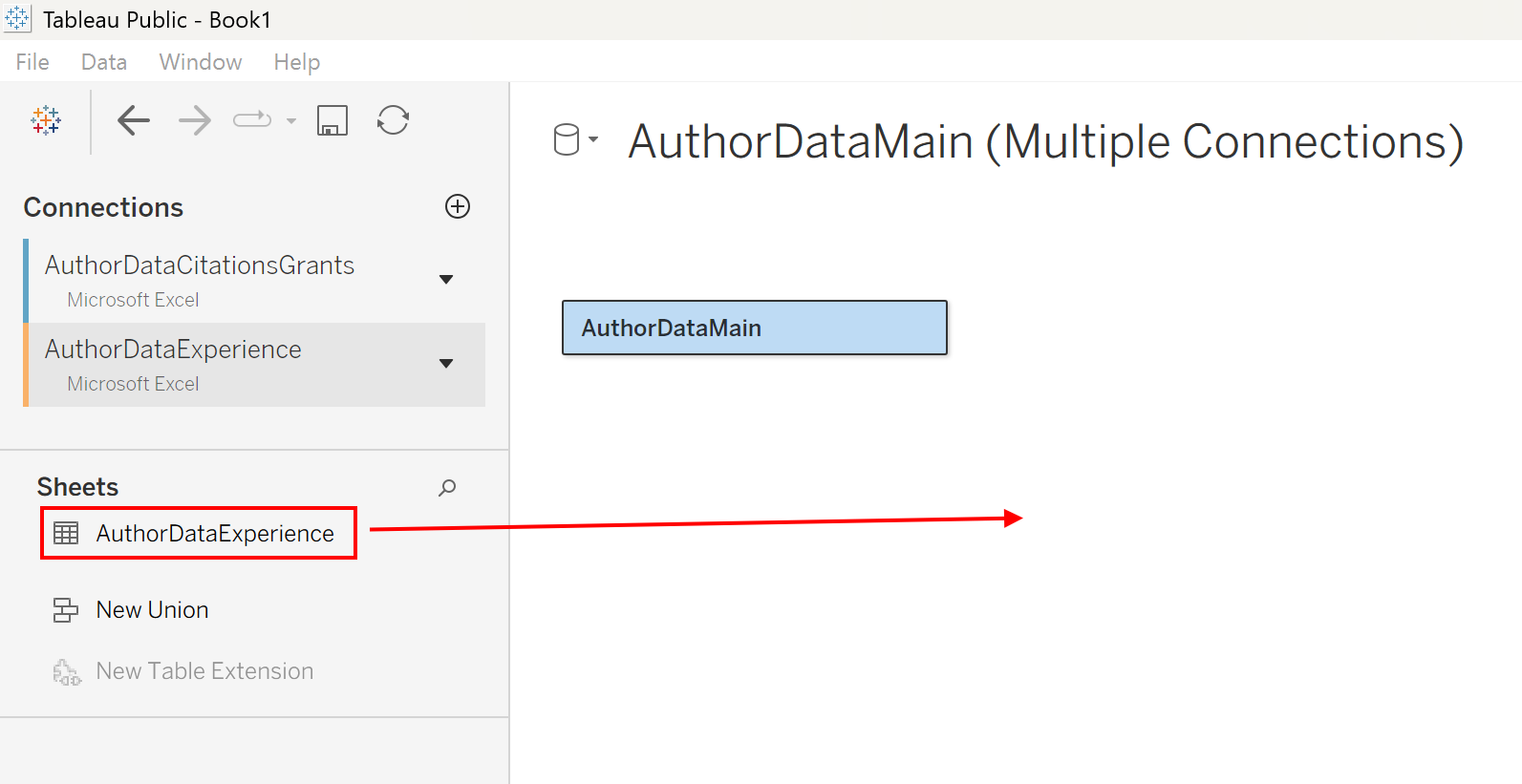 AuthorDataExperience under Sheets is outlined with a red box and an arrow indicates where to drag it