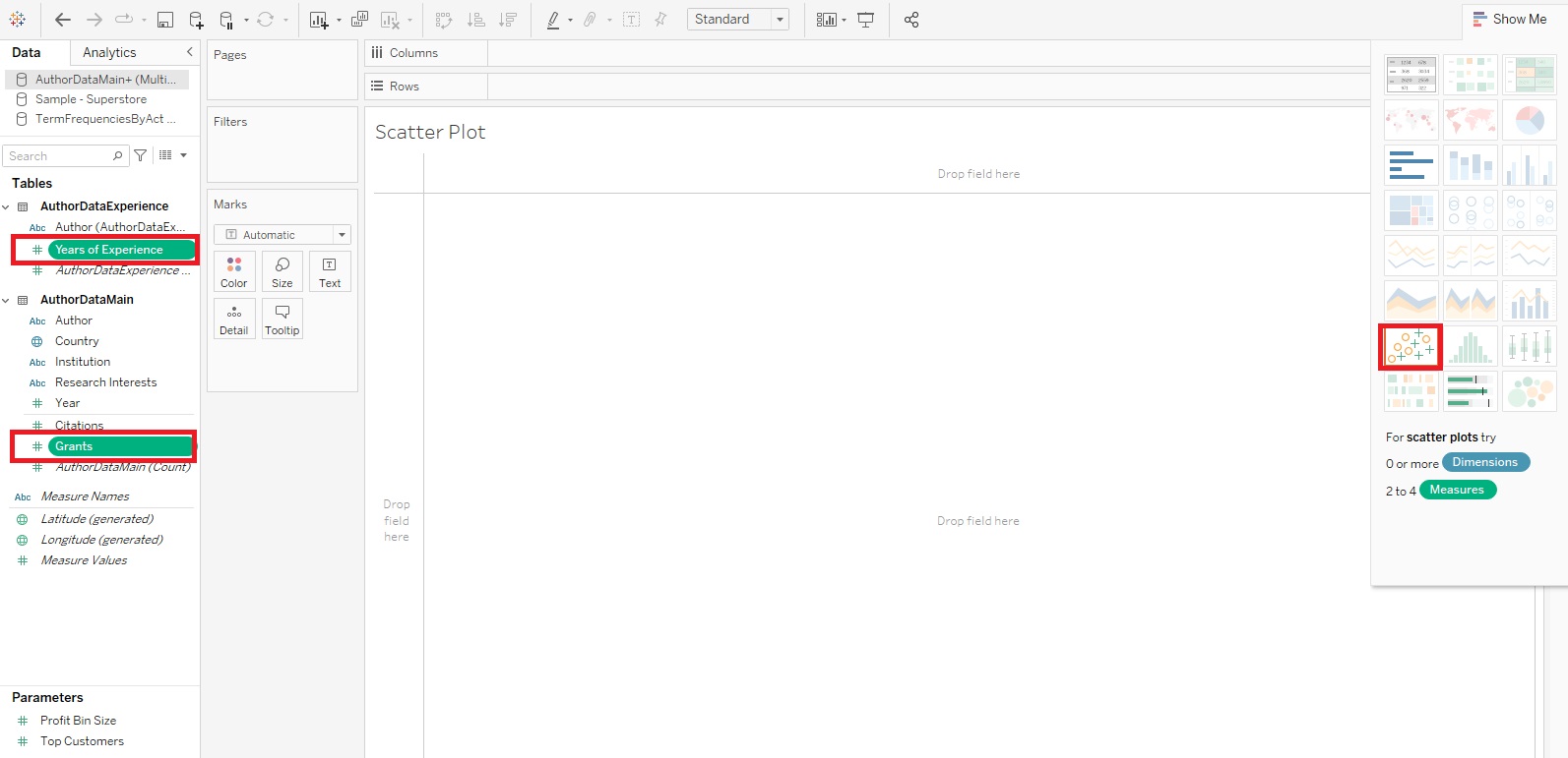 Years of Experience and Grants outlined with red boxes under the Tables menu on the left. Scatter Plot icon outlined with a red box under the Show Me menu at the top right