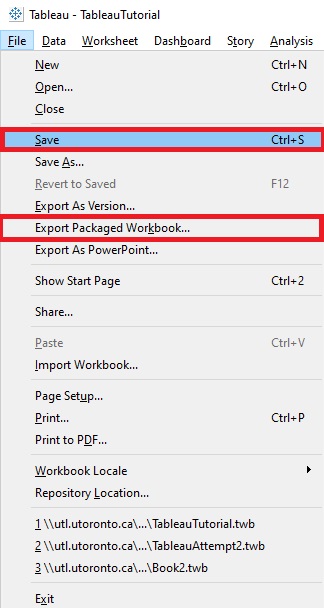 Save and Export Packaged Workbook... from the File menu at the top left are outlined with red boxes