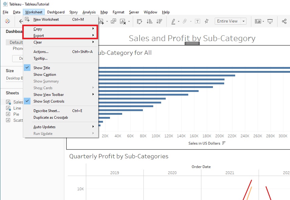Copy and Export are outlined with red boxes from the Worksheet menu at the top left
