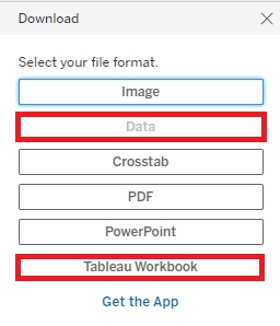Data and Tableau Workbook buttons are outlined with red boxes in the download menu