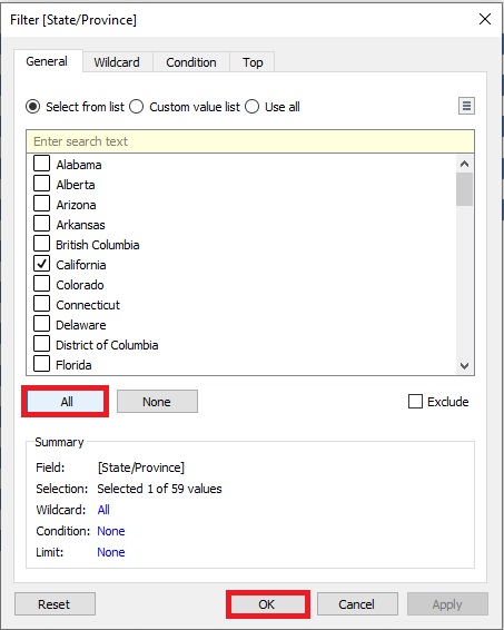 All and OK buttons are outlined with red boxes