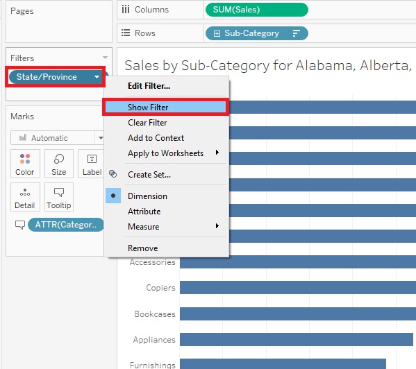 State/Province under Filters and Show Filter... are both highlighted and outlined with red boxes