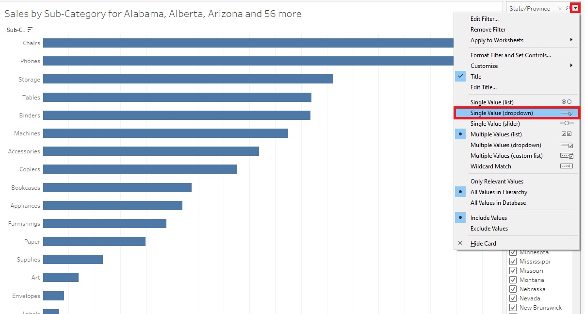 State/Province drop-down arrow at the top right and the Single Value (dropdown) are outlined with red boxes
