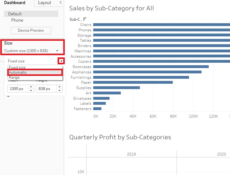 Size on the left, drop-down icon and Automatic are outlined with red boxes