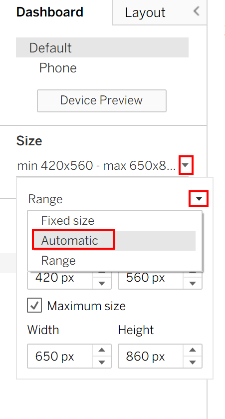 Size on the left, drop-down icon and Automatic are outlined with red boxes