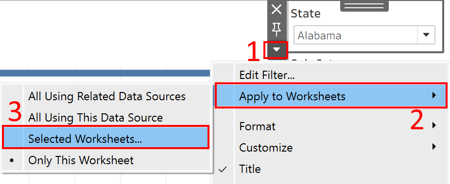State, Apply to Worksheets, and Selected Worksheets are outlined with red boxes