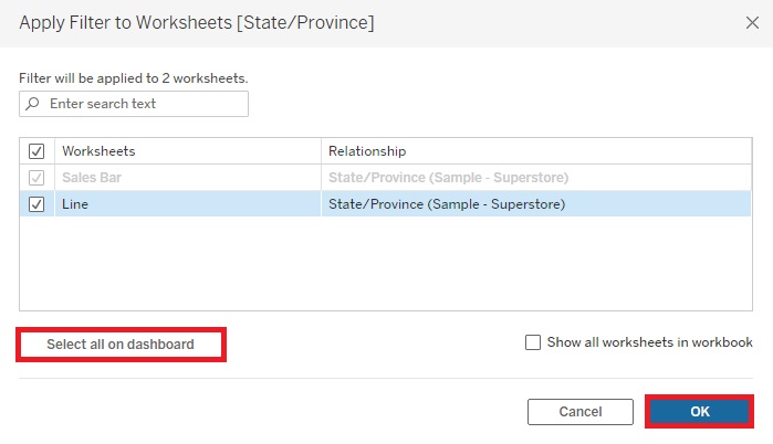 Select all on dashboard and OK button are outlined with red boxes