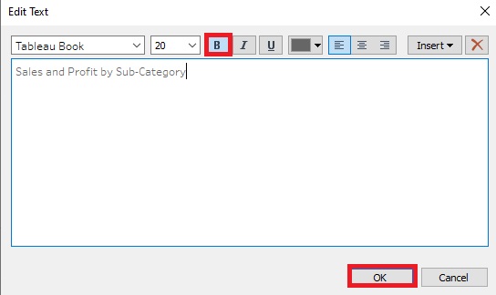 B icon to bolden text and OK button are outlined with red boxes