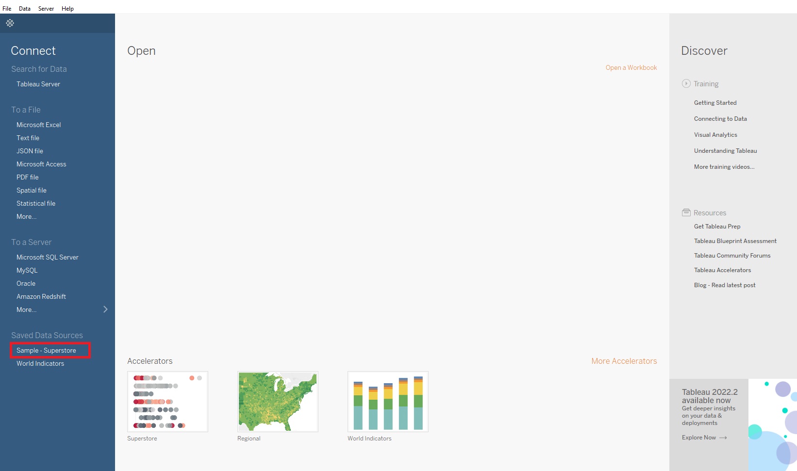 The Tableau home screen is shown with Sample – Superstore outlined with a red box at the bottom left