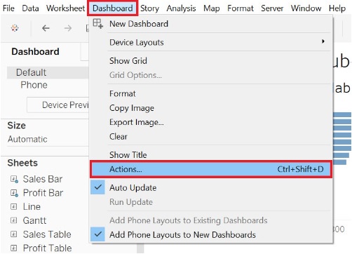 Dashboard at the top left and Actions... are outlined with red boxes