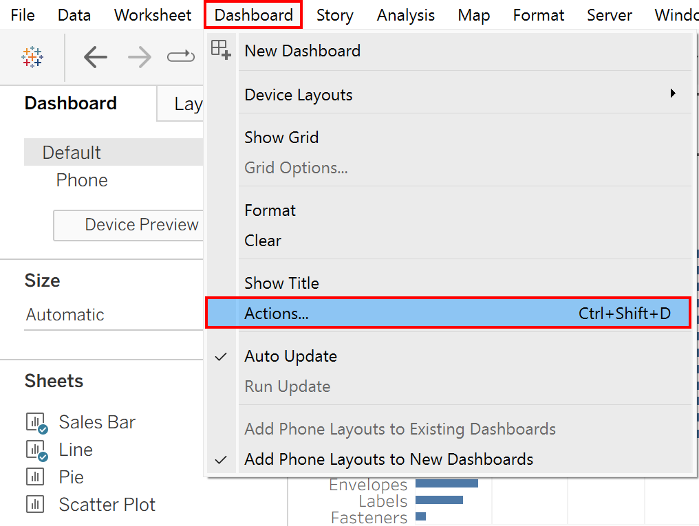 Dashboard at the top left and Actions... are outlined with red boxes