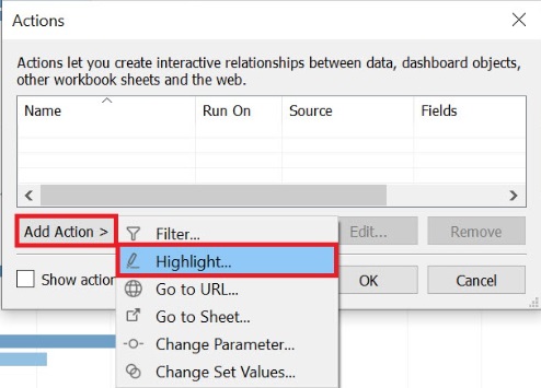 Add Action and Highlight are outlined with red boxes
