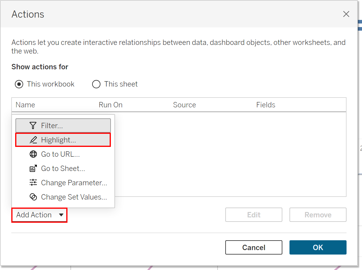 Add Action and Highlight are outlined with red boxes