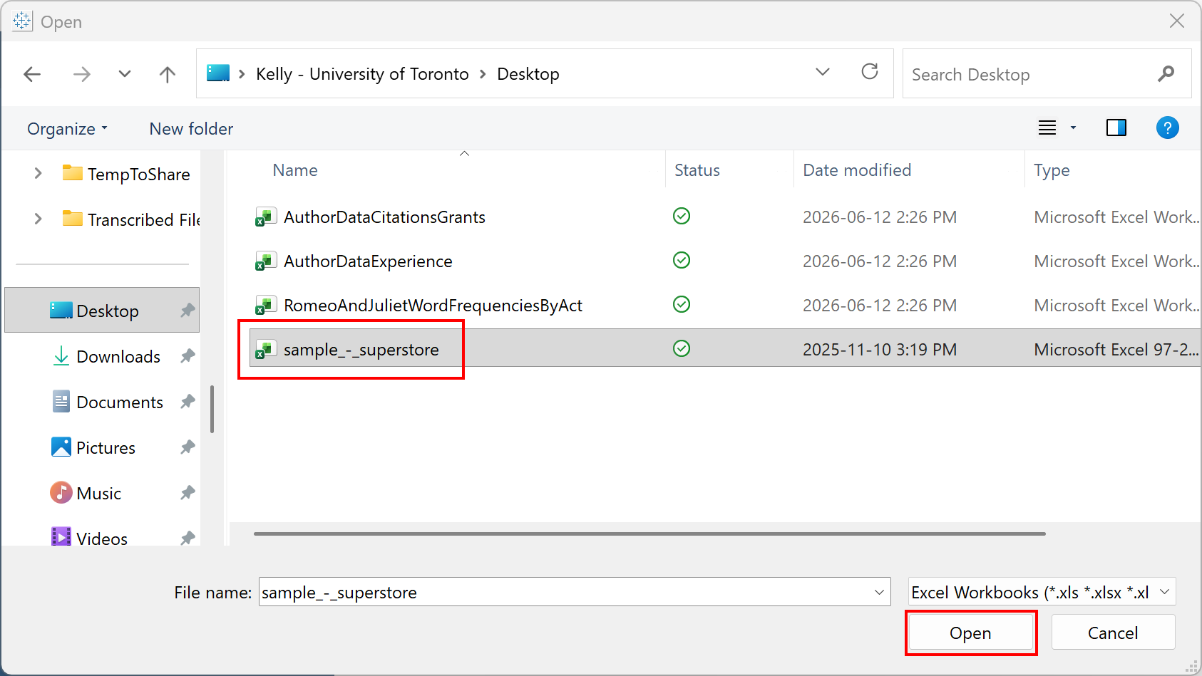 The superstore Excel file and the Open button outlined with red boxes