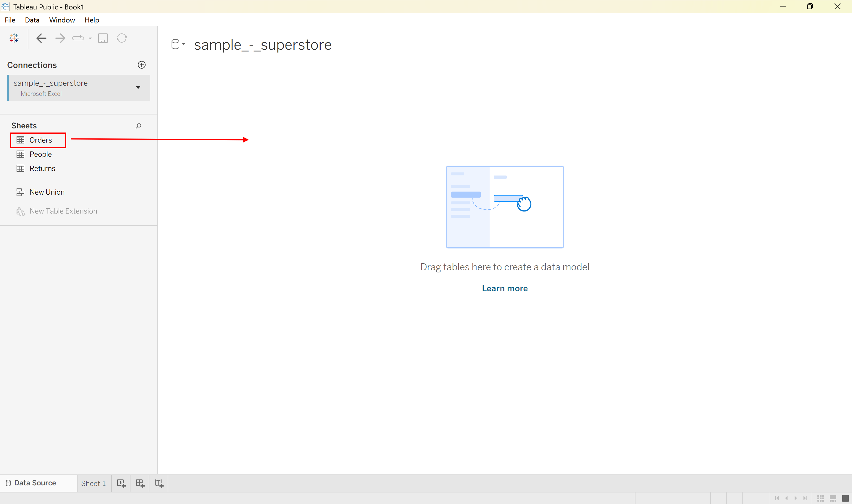 The Tableau data loading screen is shown with the Orders sheet outlined with a red box and an arrow indicating to the right to illustrate dragging it to the right