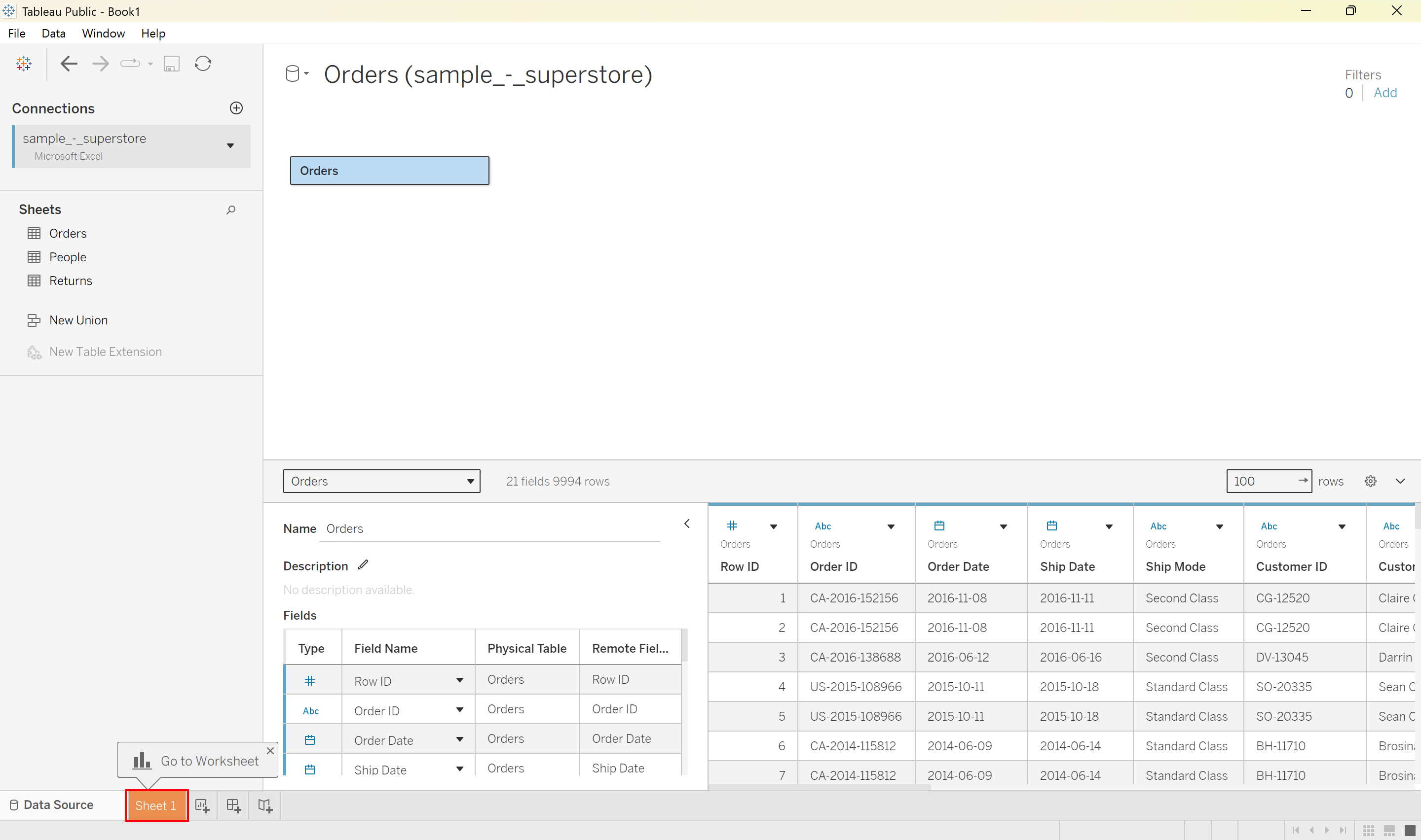 The Tableau data loading screen is shown with Sheet 1 outlined with a red box at the bottom left