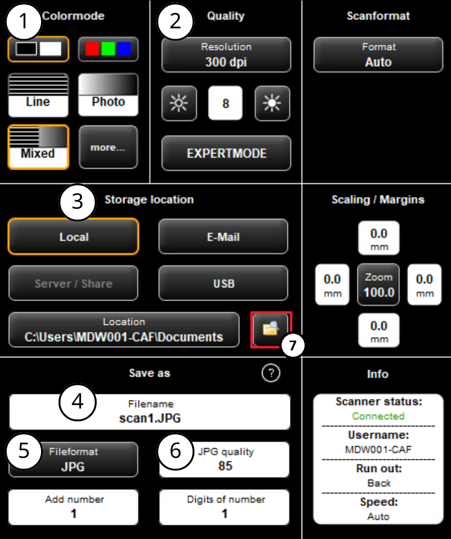 Settings panel of the scanning software