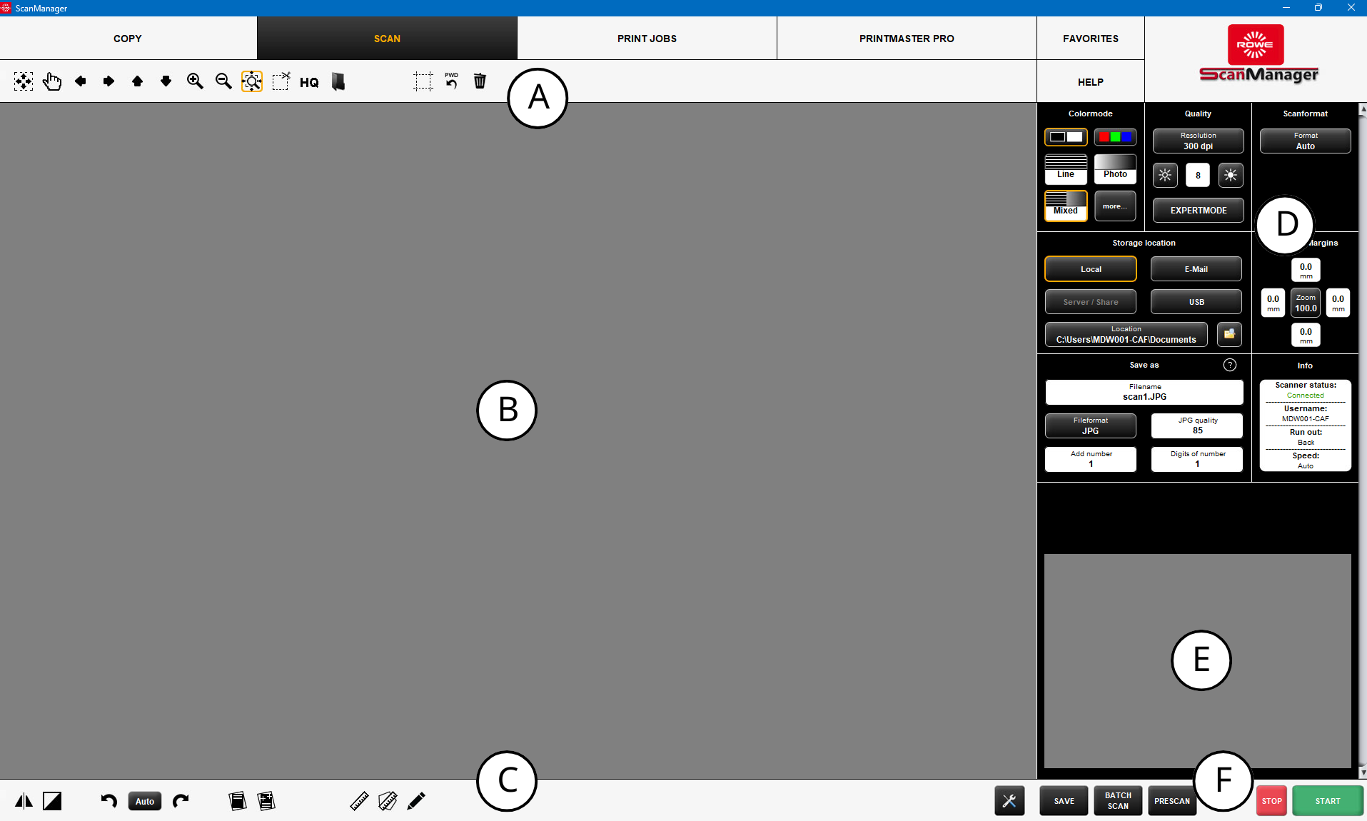 Main screen of the scanning software