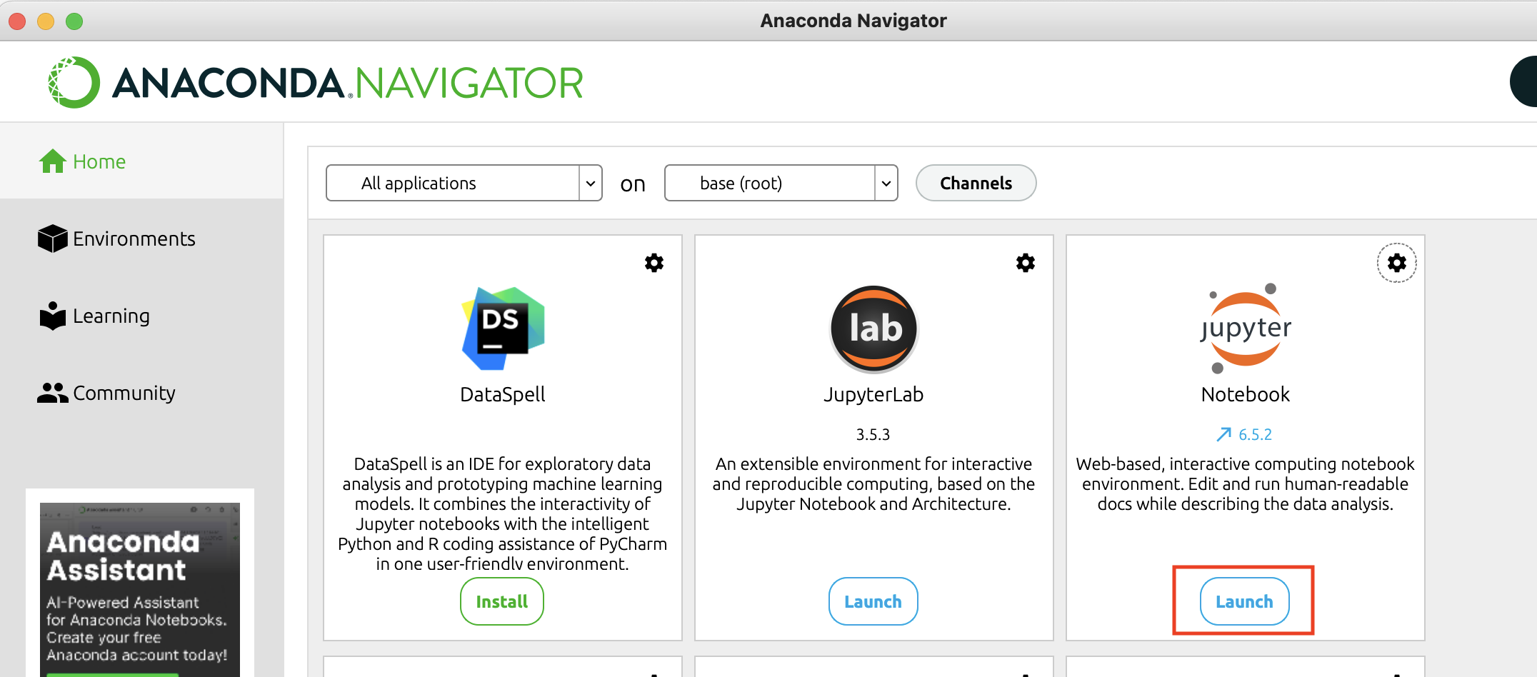 anaconda landing page, select jupyter to launch